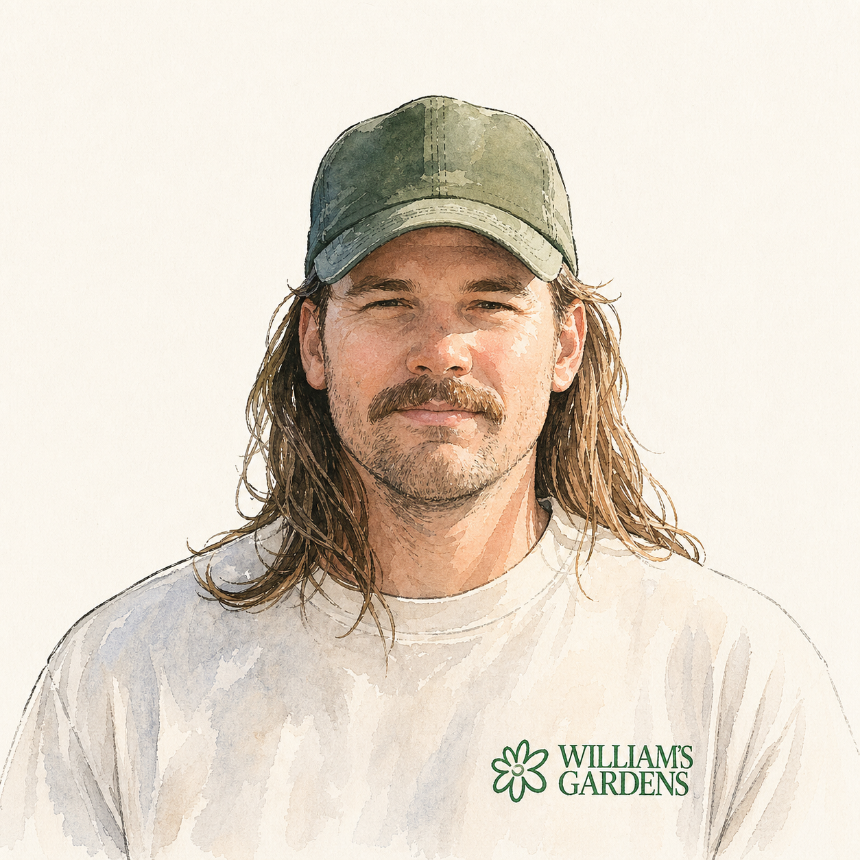 A man with long brown hair, a mustache, and a beard wearing a green cap and a white T-shirt with 'William's Gardens' logo in green.