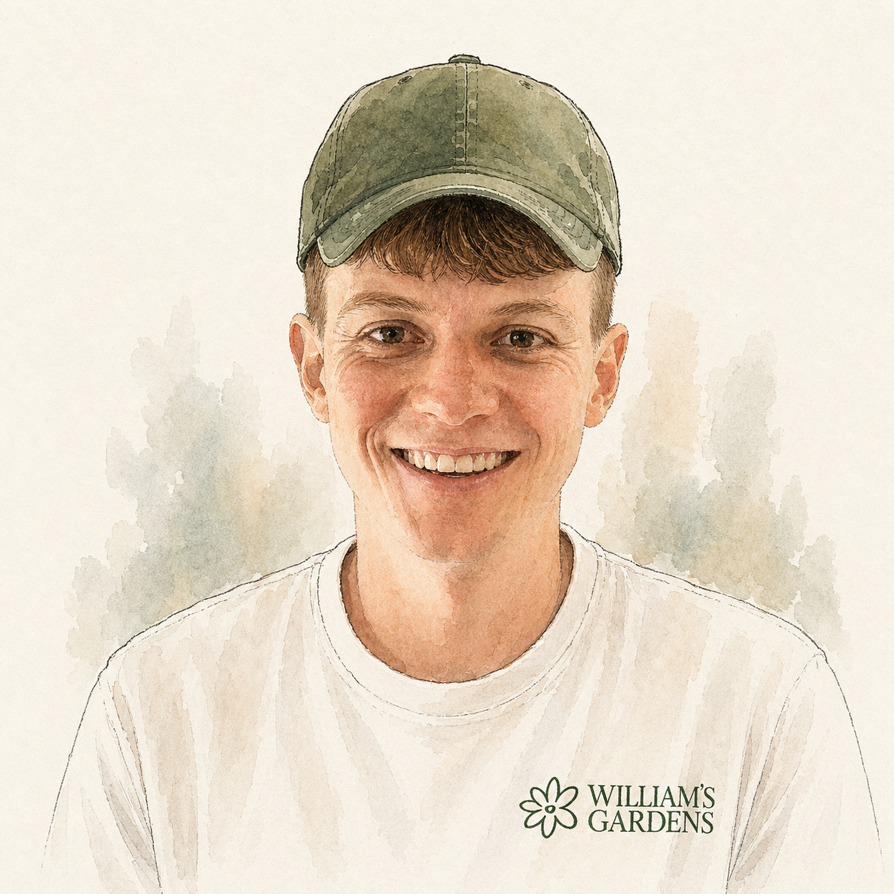 A young man wearing a green baseball cap and a white T-shirt with 'William's Gardens' logo, smiling against a neutral background.