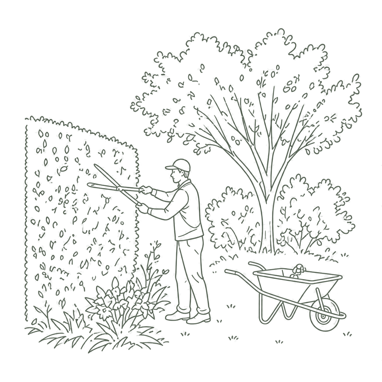 Line drawing of a person carrying out landscaping property maintenance pruning a hedge in a garden, with a wheelbarrow nearby, surrounded by trees and plants.