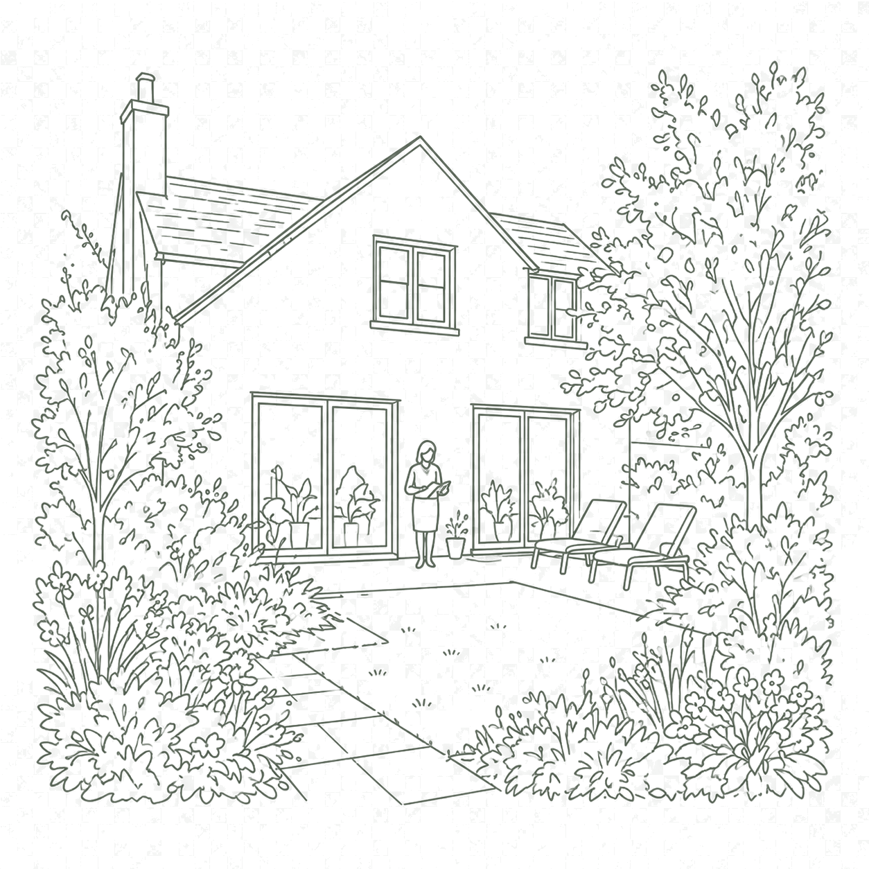 A line drawing of a two-story residentialhouse surrounded by a garden of trees, plants and shrubs. The house has large windows and a girl standing near the entrance.