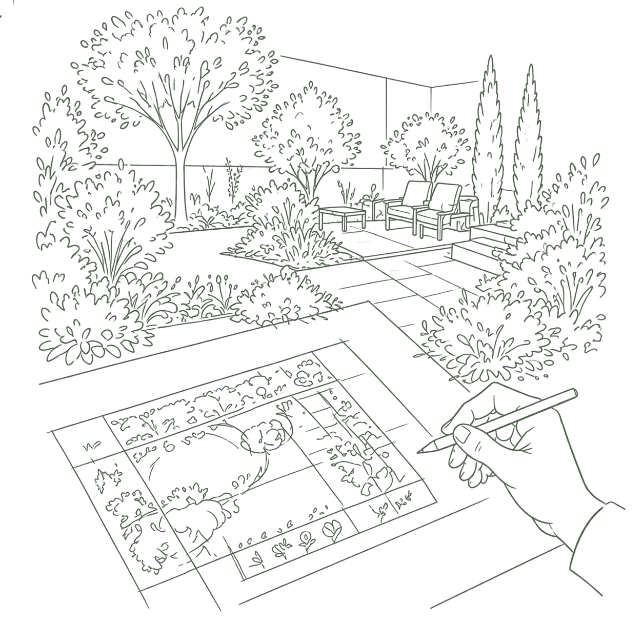Sketch of a person drawing a garden plan using a pencil on paper, with a detailed garden yard featuring trees, shrubs, benches, and a paved pathway.