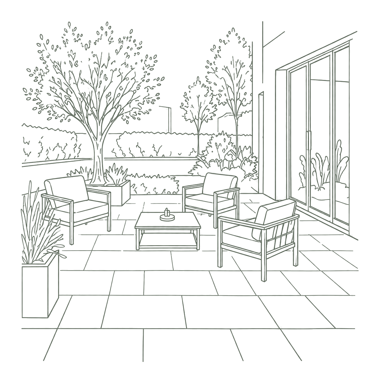 A line drawing of an outdoor patio with three chairs and a coffee table, surrounded by potted plants, trees, and a large glass window reflecting the patio scene.