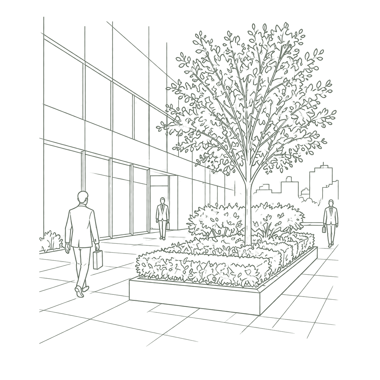 Line drawing of a commercial cityscape featuring an office courtyard with a large tree, surrounding bushes, and three businesspeople walking near a modern glass building.