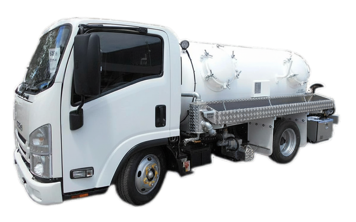 White street cleaning truck with water tanks.