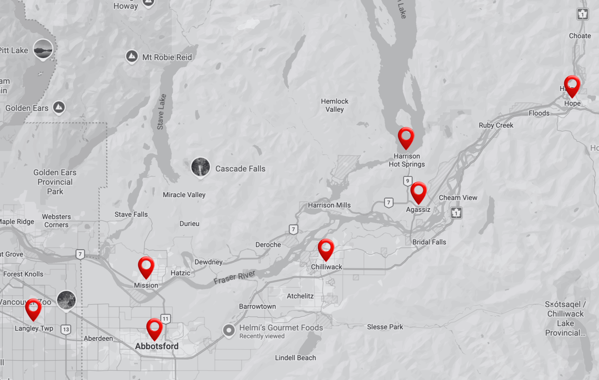 Map showing locations in British Columbia, Canada, with red pins marking Chilliwack, Agassiz, Hope, Mission, and Abbotsford.