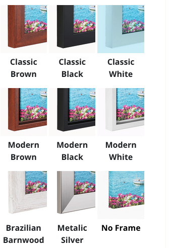 Gallery of picture frames in various colors and styles, including classic brown, black, white, modern brown, black, white, Brazilian barnwood, metallic silver, and a no-frame option, all featuring a waterfront scene with flowers and boats.