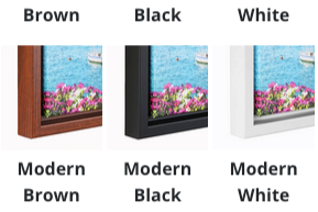 Display of three modern frames in Modern Brown (Wood Tone), Modern Black and Modern White. Each frame has a 1/4 inch space between the frame and canvas print. The effect is stunning.