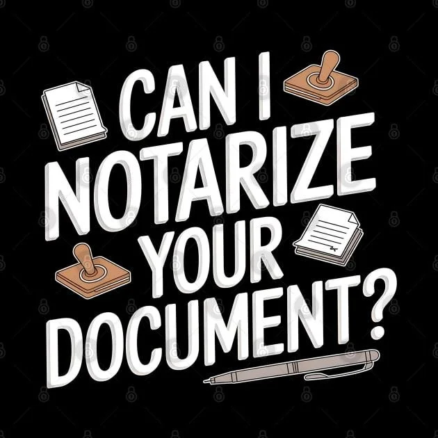 Text reading "Can I notarize your document?" with illustrations of stamps, stacks of paper, and a pen on a black background.
