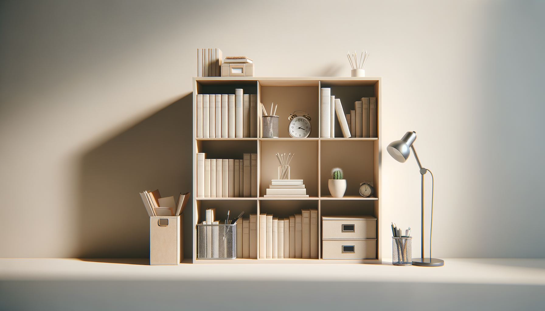 A wooden shelf with nine compartments filled with beige and white books, decorative items, and small plants, a folder with papers, and a standing desk lamp on the right.