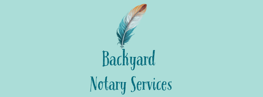 A logo with a feather and the text "Backyard Notary Services" on a light teal background.