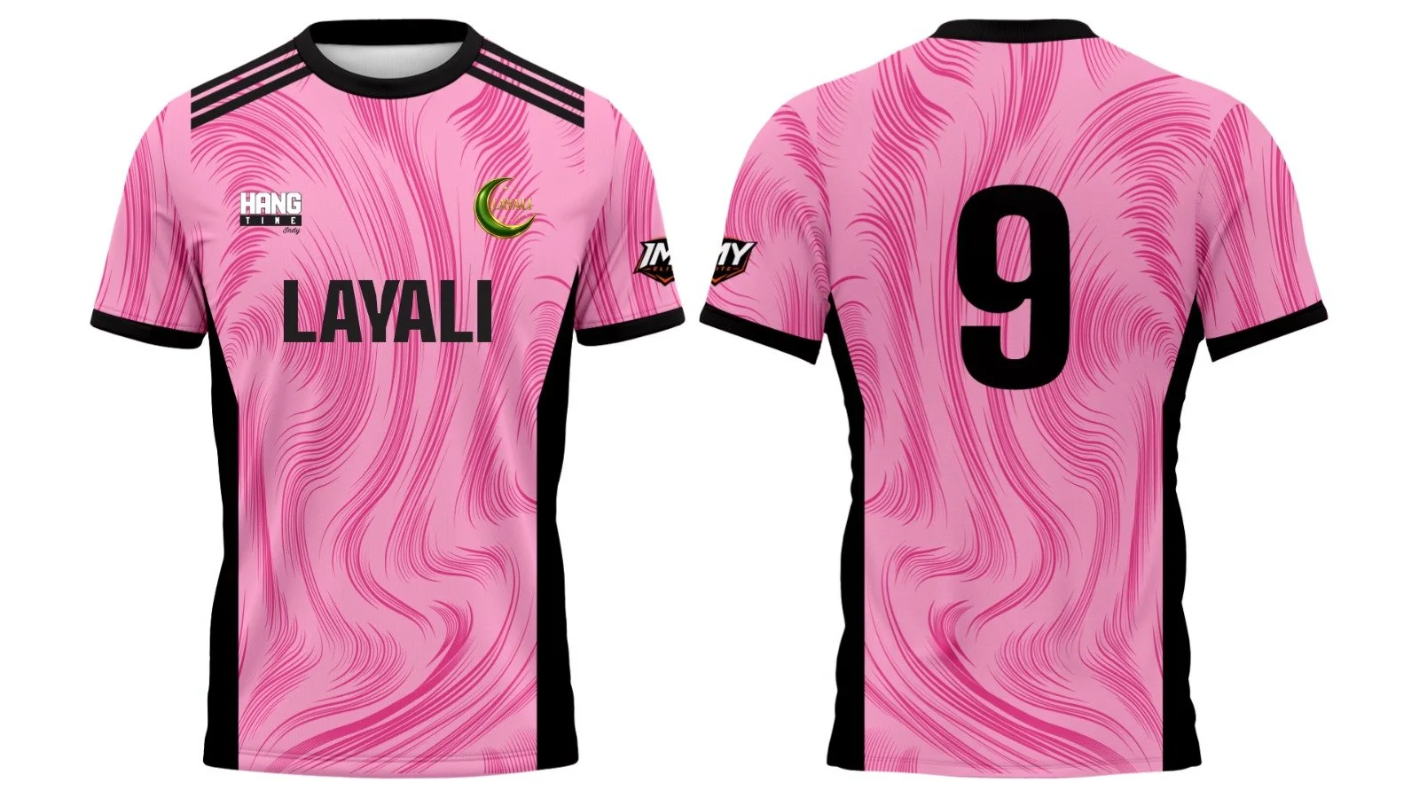 Pink and black sports jersey with swirling pink pattern, black accents on collar and seams. The front displays a crescent moon with a calligraphic word, a sponsor logo 'LAYALI', and other brand patches. The back has a large black number 9.