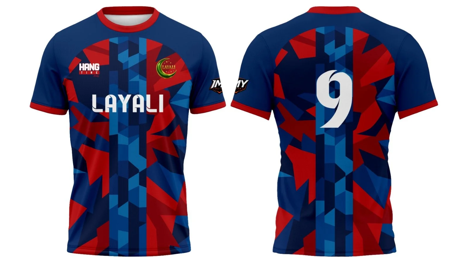 Sports jersey with geometric pattern in red and blue. The front displays the words "LAYALI" and sponsor logos, the back features the number 9.