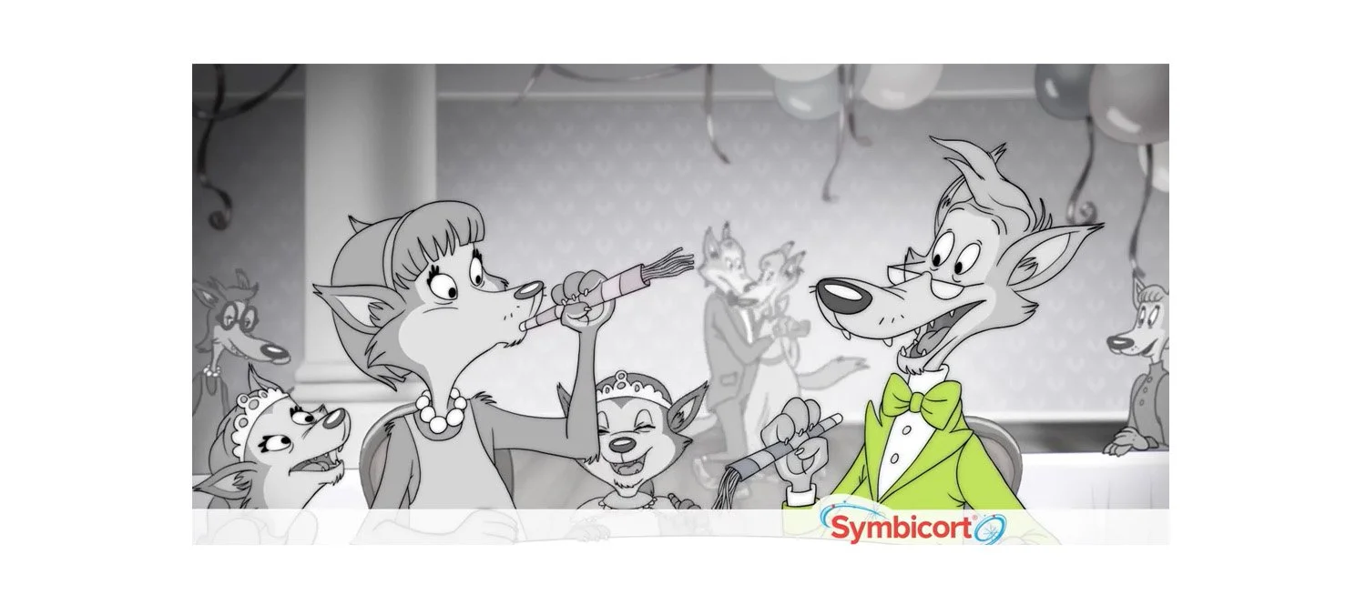 Black and white cartoon scene with anthropomorphic animals at a party, some holding balloons, with one dog in a green suit with a bow tie smiling, and a woman dog holding a party horn, in a festive indoor setting.