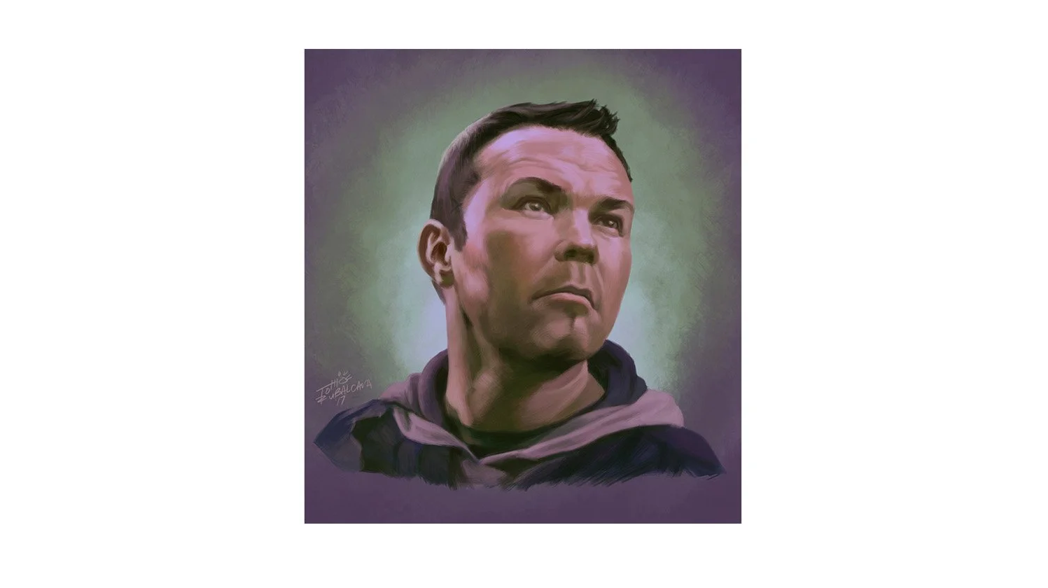 Digital painting of a man with short dark hair, serious expression, wearing a hoodie, with a soft greenish background.