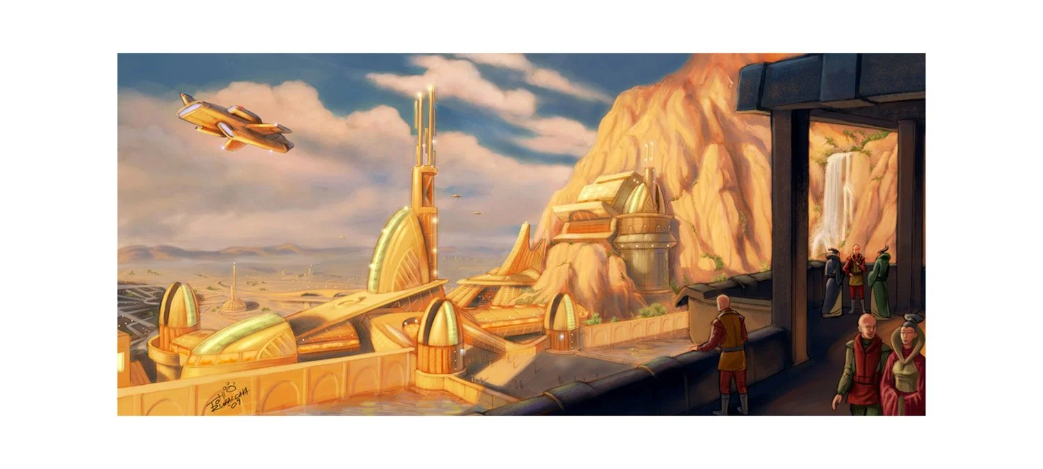 Futuristic cityscape with flying vehicles, large golden and orange buildings, and a mountainous background with waterfalls. People in robes are observing the scene from a balcony.