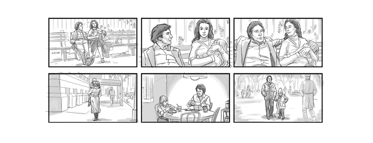 Six scenes depicting various moments of a woman and her daughter. In the first row, the woman and daughter sit on a park bench, and the woman holds a baby. In the second scene, the woman is holding her baby, and in the third, she is sitting on the be