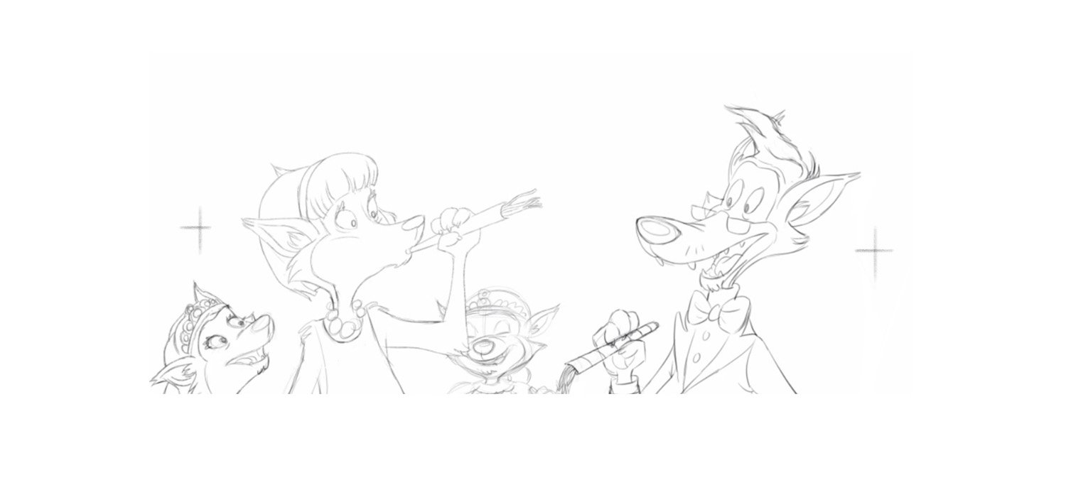Sketch of anthropomorphic animals, including a fox in a tuxedo, a wolf with a brush, a dog with a crown, and another animal with a stick, in a scene reminiscent of Disney animation style.