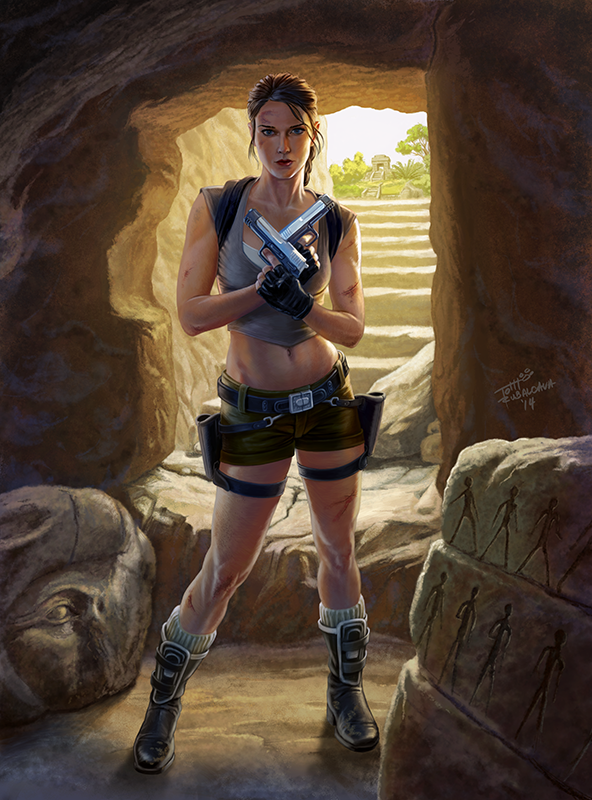 Lara Croft dressed in tactical gear holding a handgun, standing inside a cave with ancient carvings on rocks nearby and steps leading outside to a landscape with greenery.