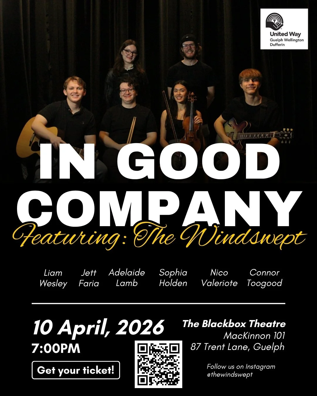 A promotional poster for a musical event featuring The Windswept, with a group photo of six musicians, some holding instruments, standing in front of a black curtain. The poster includes event details such as date, time, location, and ticket information.