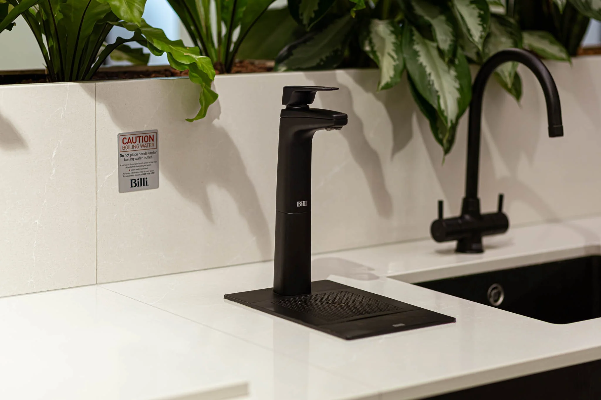 Modern kitchen sink with black faucet and plants in background.