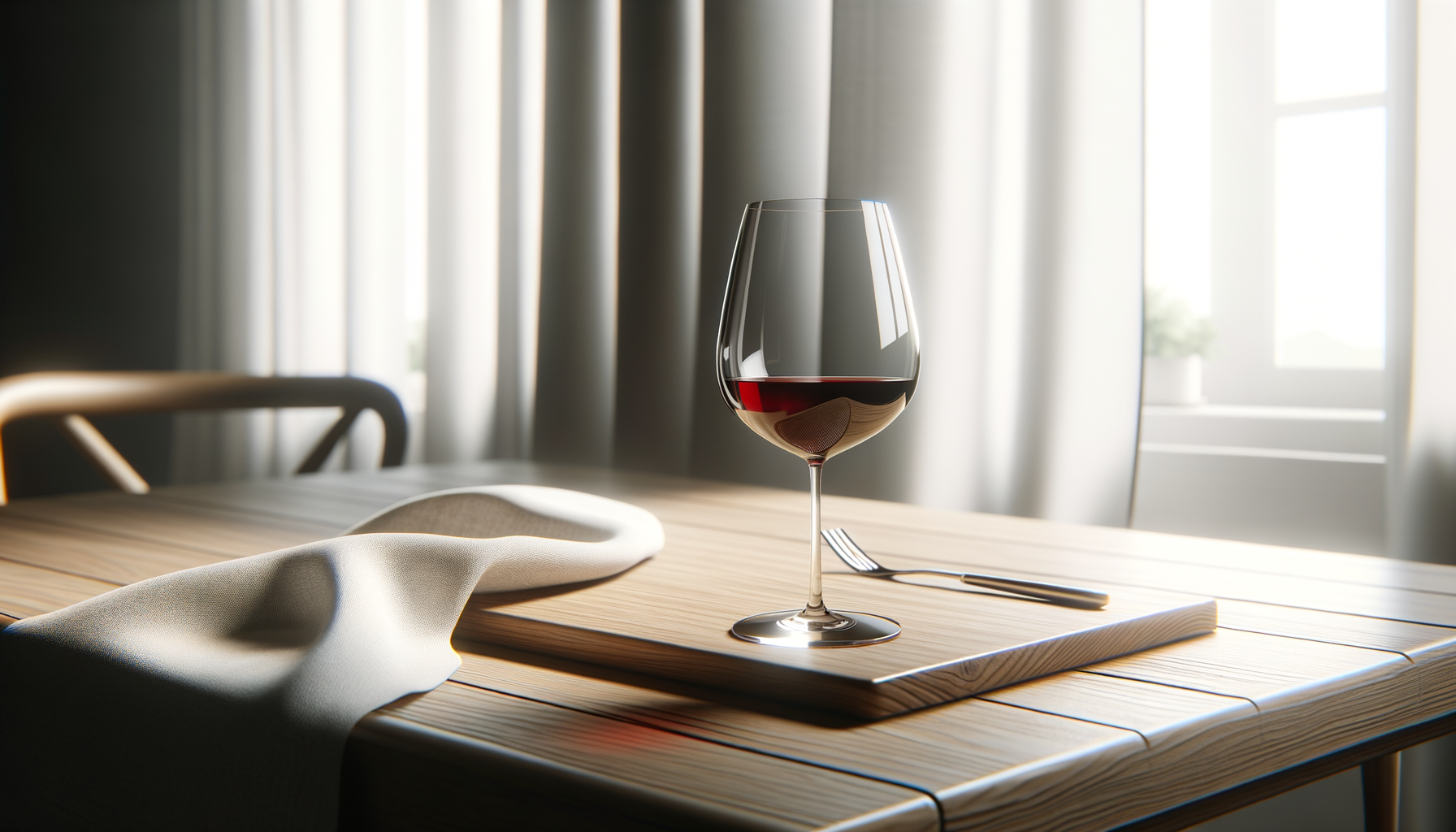 Copa de vino tinto sobre tabla de madera en mesa de comedor, con cuchillo y servilleta blanca, en una habitación iluminada con ventanas y cortinas.