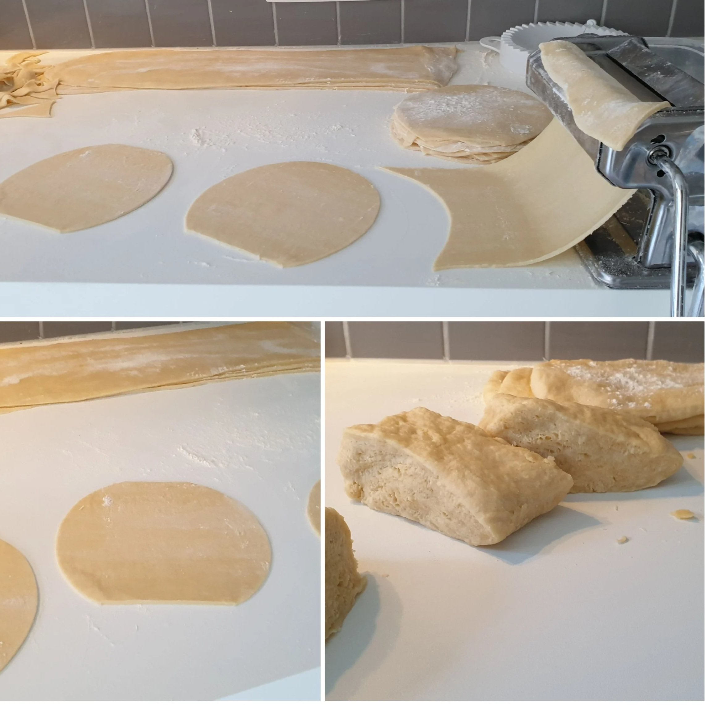 Proceso de fabricación de pasta fresca casera, con rodillo para extender la masa, cortadores en forma de círculos y trozos de pasta listos para cocer.