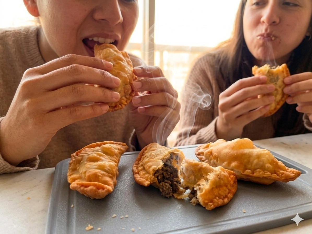 Deux personnes qui partageant des empanadas dorées Garcia.