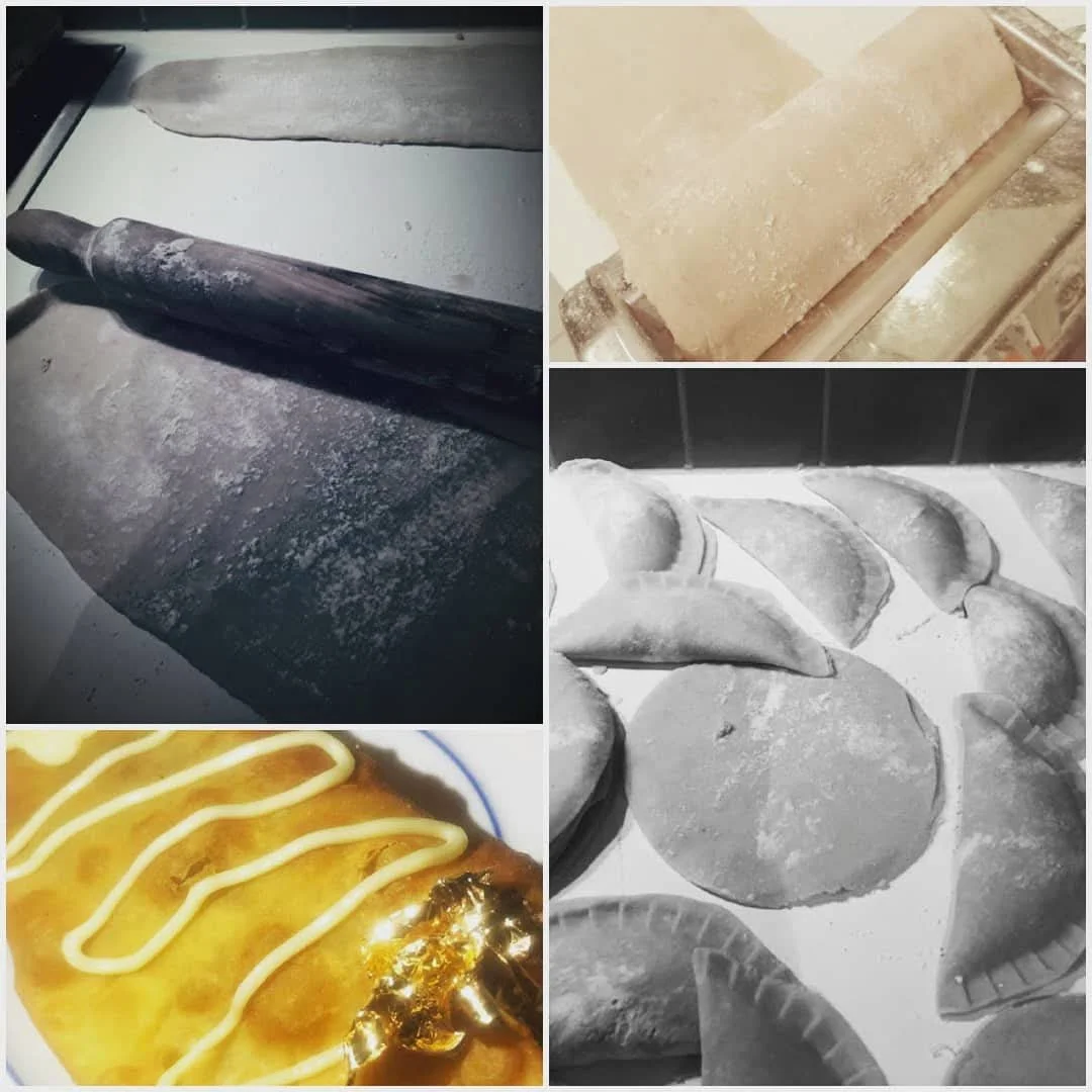 Cuatro imágenes de preparación de masa y tortillas de harina, con un pastel con glaseado en la parte inferior izquierda.