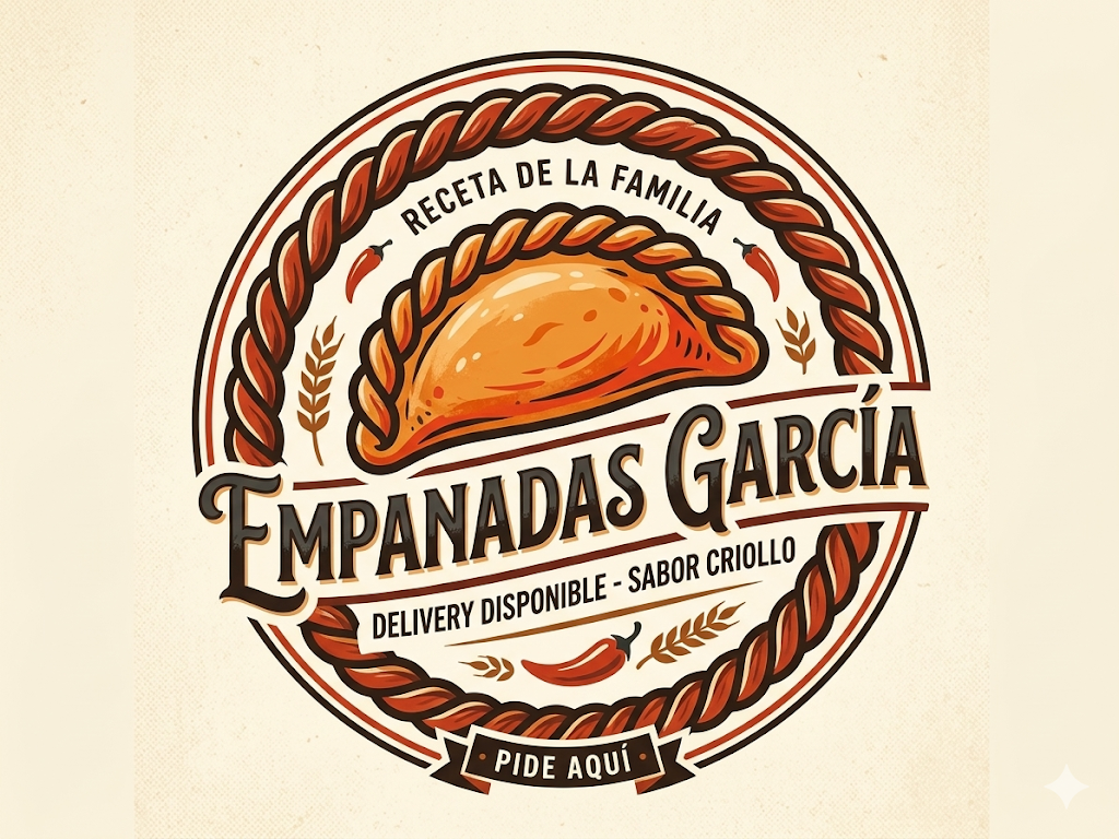 Logotipo de una taquería familiar llamada 'Empanadas García' que ofrece delivery y sabor criollo, con una ilustración de una empanada al centro, rodeada de un diseño en forma de círculo con cuerdas y hojas de trigo, y un mini chile en la parte inferior.