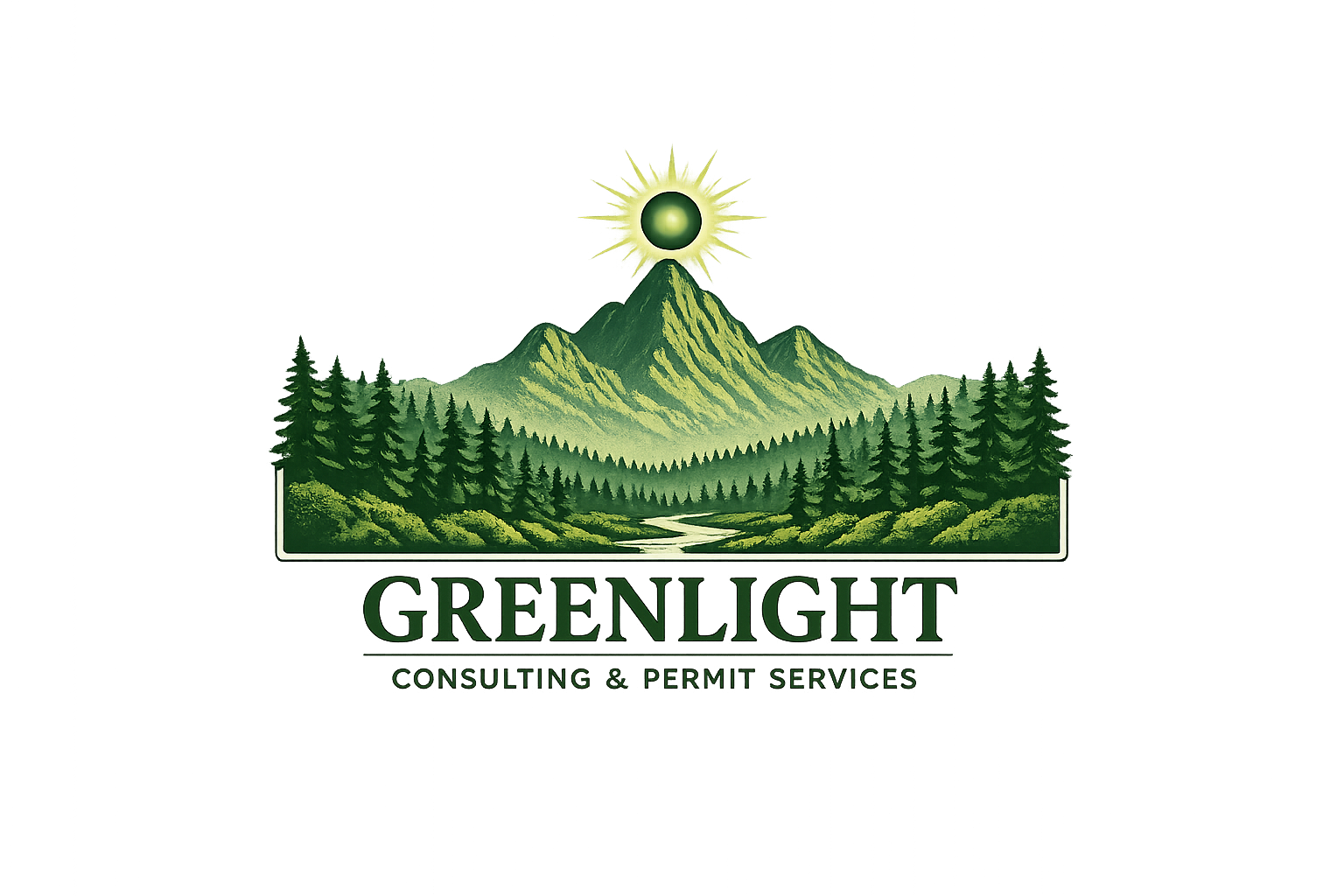 Logo for Greenlight Consulting & Permit Services featuring a mountain with surrounding forest, a river, and a glowing green sun above the mountain