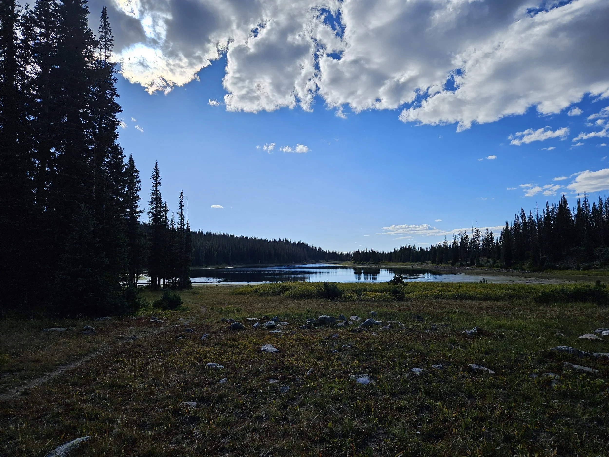 Scenic view of a peaceful lake surrounded by dense forests with a partly cloudy sky above.