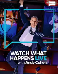 TV show poster for 'Watch What Happens Live with Andy Cohen' featuring Andy Cohen smiling and raising his arm, with a colorful background and the show's logo.