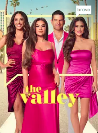 Cover of the TV show 'The Valley' featuring four young adults in bright pink dresses and a man in a pink and white shirt, outdoors with palm trees in the background.