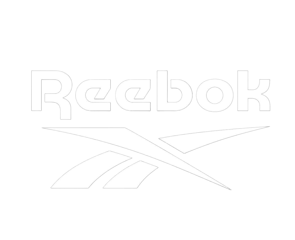 Black and white Reebok logo with stylized text and abstract shapes.