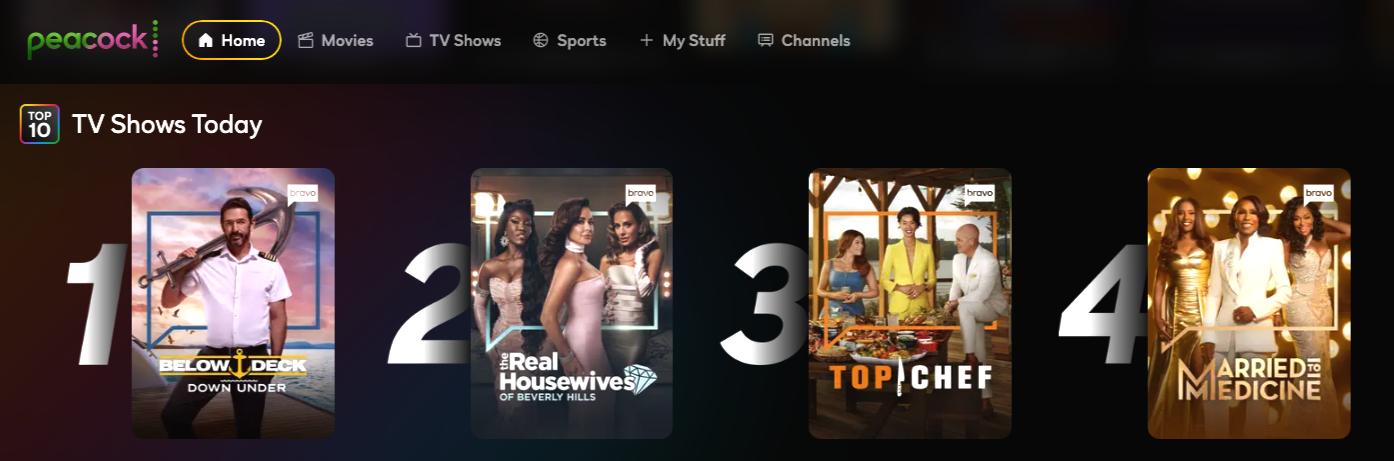 Screenshot of a streaming platform's TV show top 10 list, featuring shows 'Below Deck,' 'The Real Housewives of Beverly Hills,' 'Top Chef,' and 'Married to Medicine' with thumbnail images and rankings from 1 to 4.