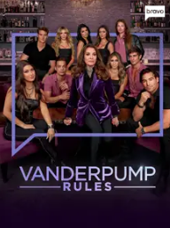 Cast of Vanderpump Rules posing together with a purple and black background, logo at the top right, and title at the bottom.