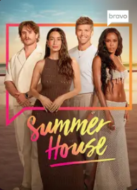 Four young adults standing together outdoors with a sunset sky in the background, promotional poster for the TV show 'Summer House' with text and logo.