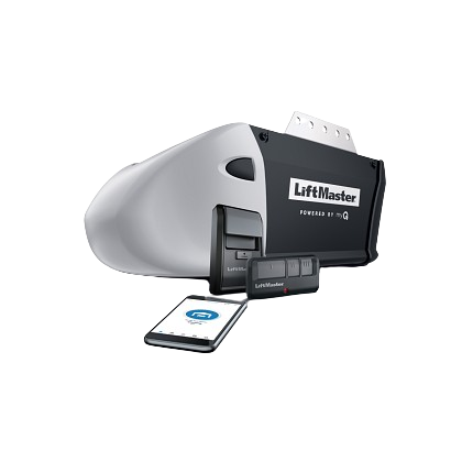 LiftMaster garage door opener with Wi-Fi connectivity, remote control, and smartphone access.