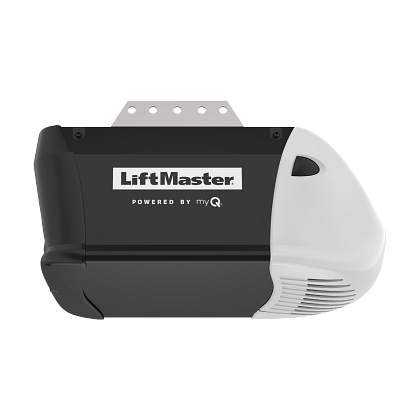 LiftMaster garage door opener with a black and white design and a power source labeled 'powered by myQ'.