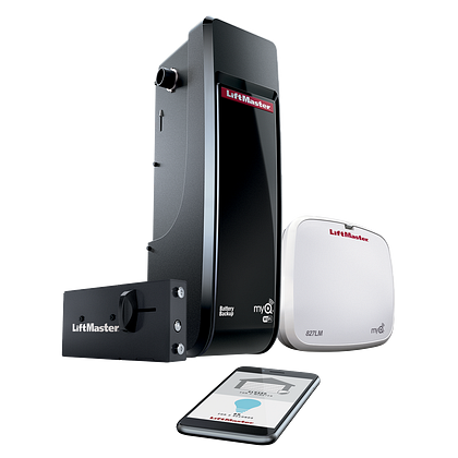 LiftMaster smart garage door opener system with a control panel, mounted on a smartphone, and components labeled with LiftMaster branding.