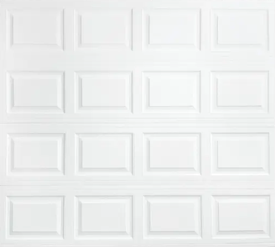A white garage door with rectangular panels.