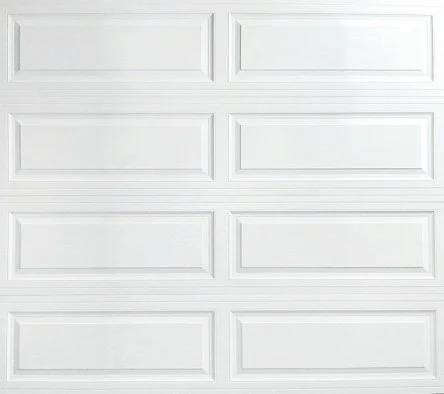 Close-up of a white garage door with rectangular panels