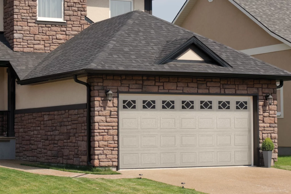 A detached house with a two-car garage, brick and stucco exterior, and a shingled gable roof. The garage door is white with decorative windows at the top, and there are two wall-mounted light fixtures beside the garage.