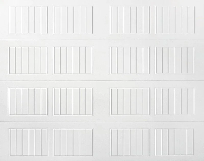 Empty white garage door with horizontal and vertical panel designs.