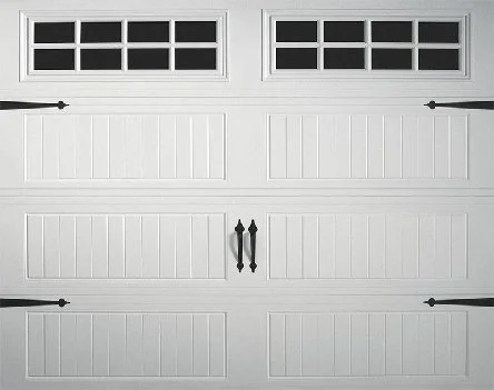 White garage door with windows at the top, black handles, and black hinges.