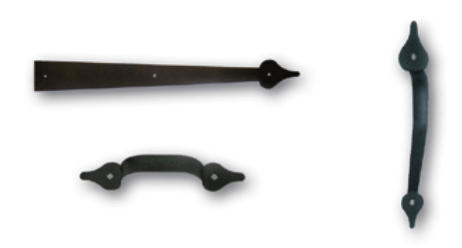 Three black iron decorative drawer pulls and handles, one long straight handle and two curved handles, on a plain background.
