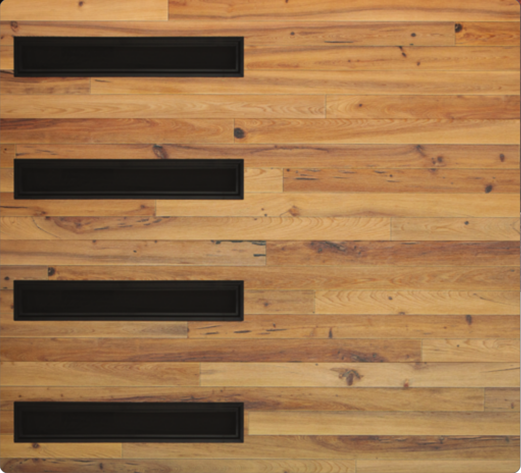 Wooden floor with four black rectangular vents arranged vertically.