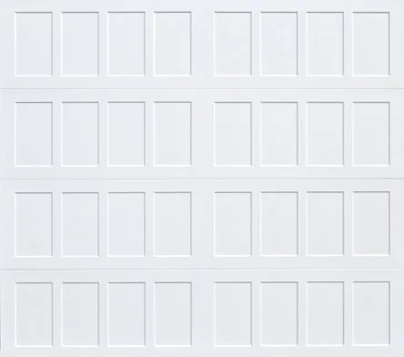 A white garage door with rectangular panels arranged in five rows and six columns.
