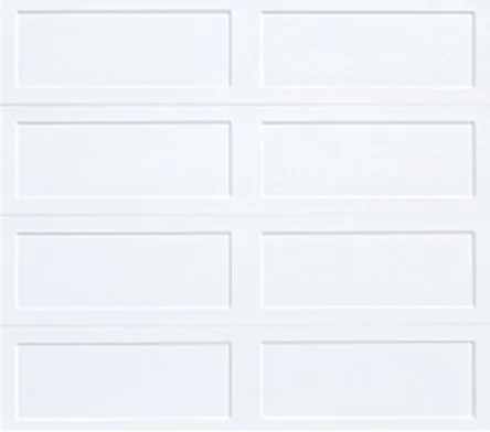 A plain white sectional garage door with six horizontal panels.