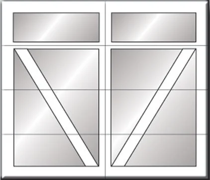 A set of white double doors with glass panels, featuring diagonal and horizontal lines, and two small rectangular windows at the top.